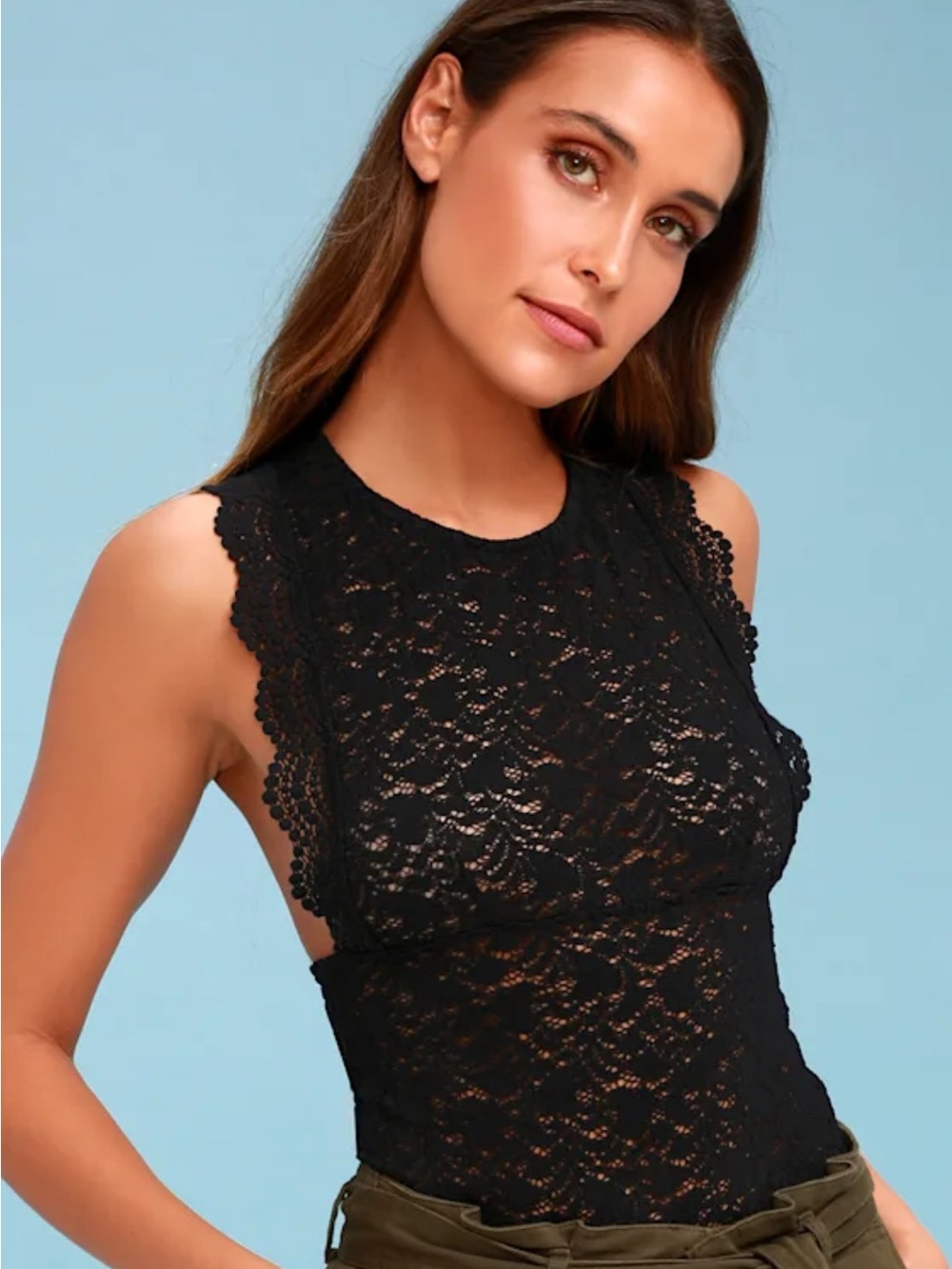 Free People Sure Thang Lace Tank Top Racer Back Sheer Black Fitted